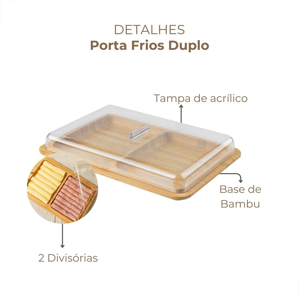 Porta Frios Duplo, Base De Bambu Com Tampa Mesa Posta Queijo - Elegância Para Sua Mesa Âncora Shopp