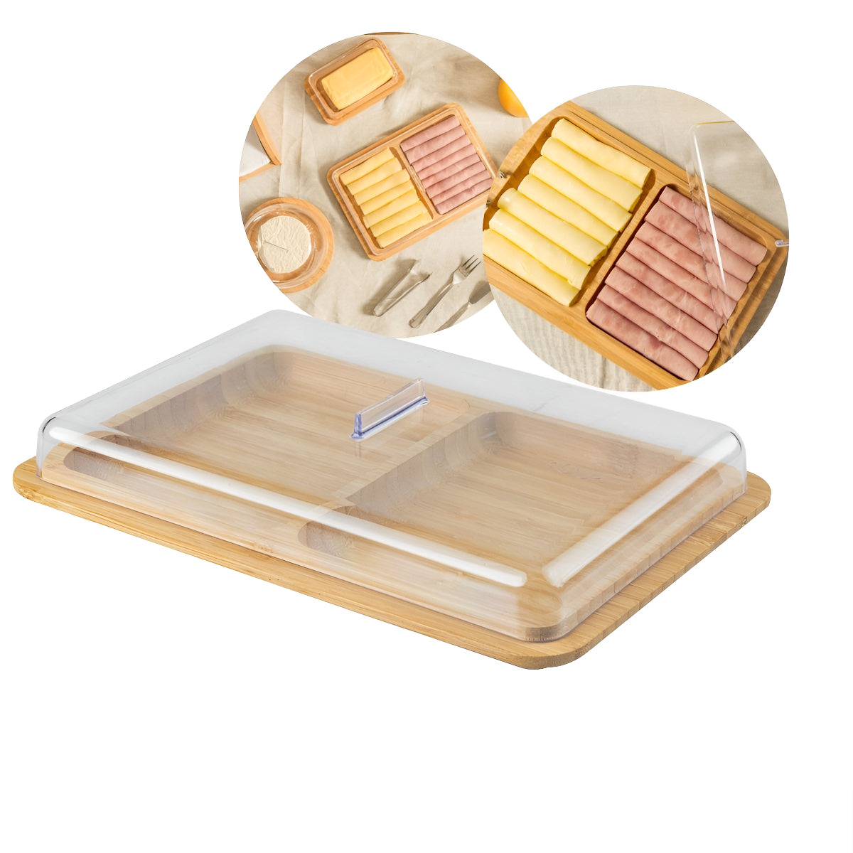 Porta Frios Duplo, Base De Bambu Com Tampa Mesa Posta Queijo - Elegância Para Sua Mesa Âncora Shopp