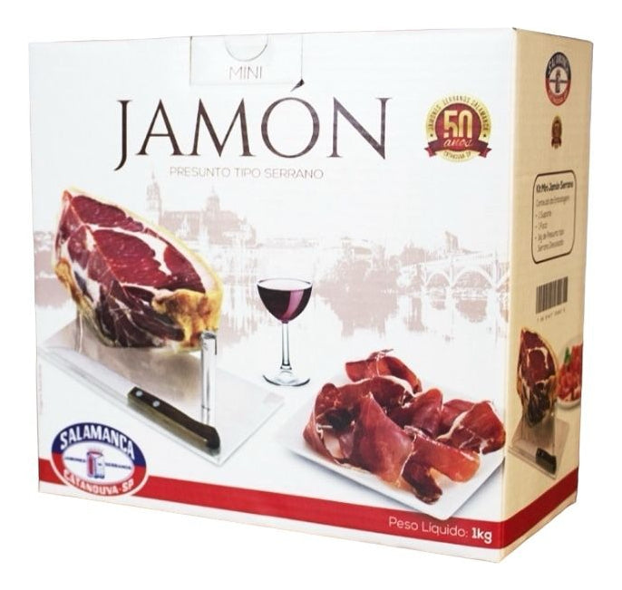 Kit Presente Mini Presunto Jamón Serrano 1Kg Salamanca + Suporte + Faca