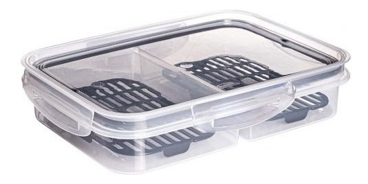 Pote Porta Frios C/ Escorredor Tampa C/ Travas 2 Divisórias Cor Transparente Plasútil Presunto Queijo Muçarela