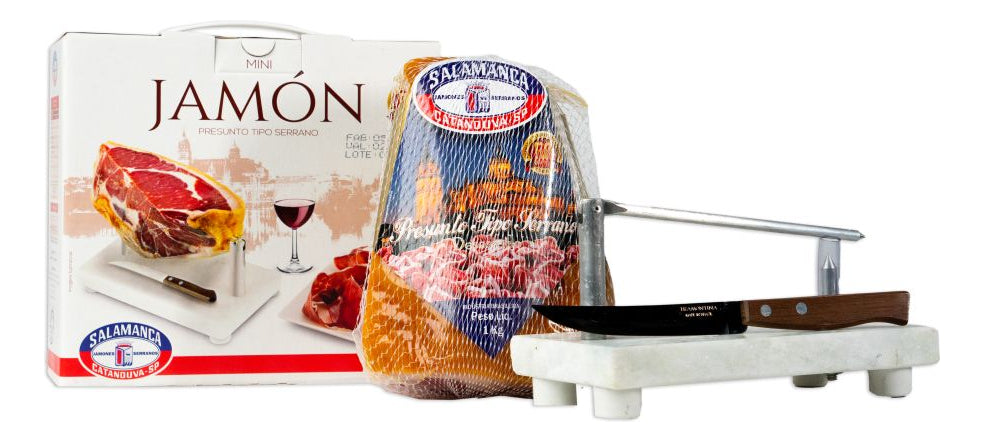 Kit Presente Mini Presunto Jamón Serrano 1Kg Salamanca + Suporte + Faca