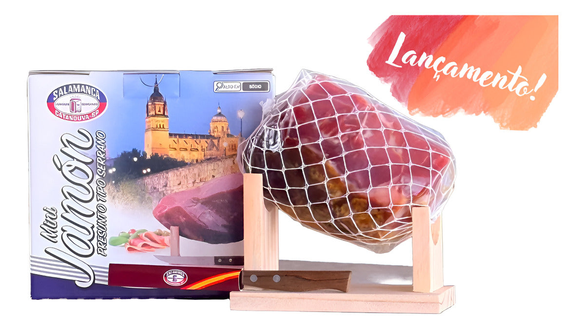 Kit Mini Jamon Serrano 12m Salamanca 1kg + Suporte + Faca