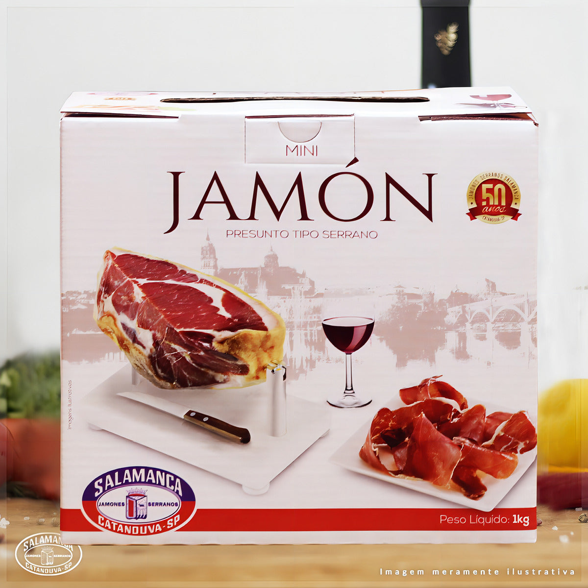 Kit Presente Mini Presunto Jamón Serrano 1Kg Salamanca + Suporte + Faca